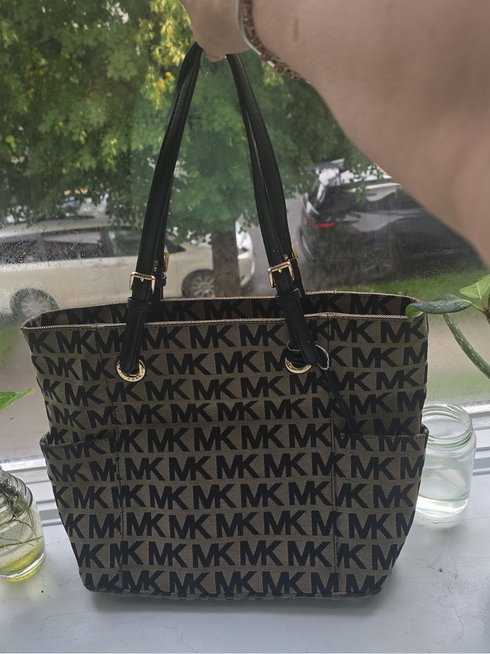 Michael Kors Black and Brown MK Logo Tote with Gold Hardware y2k